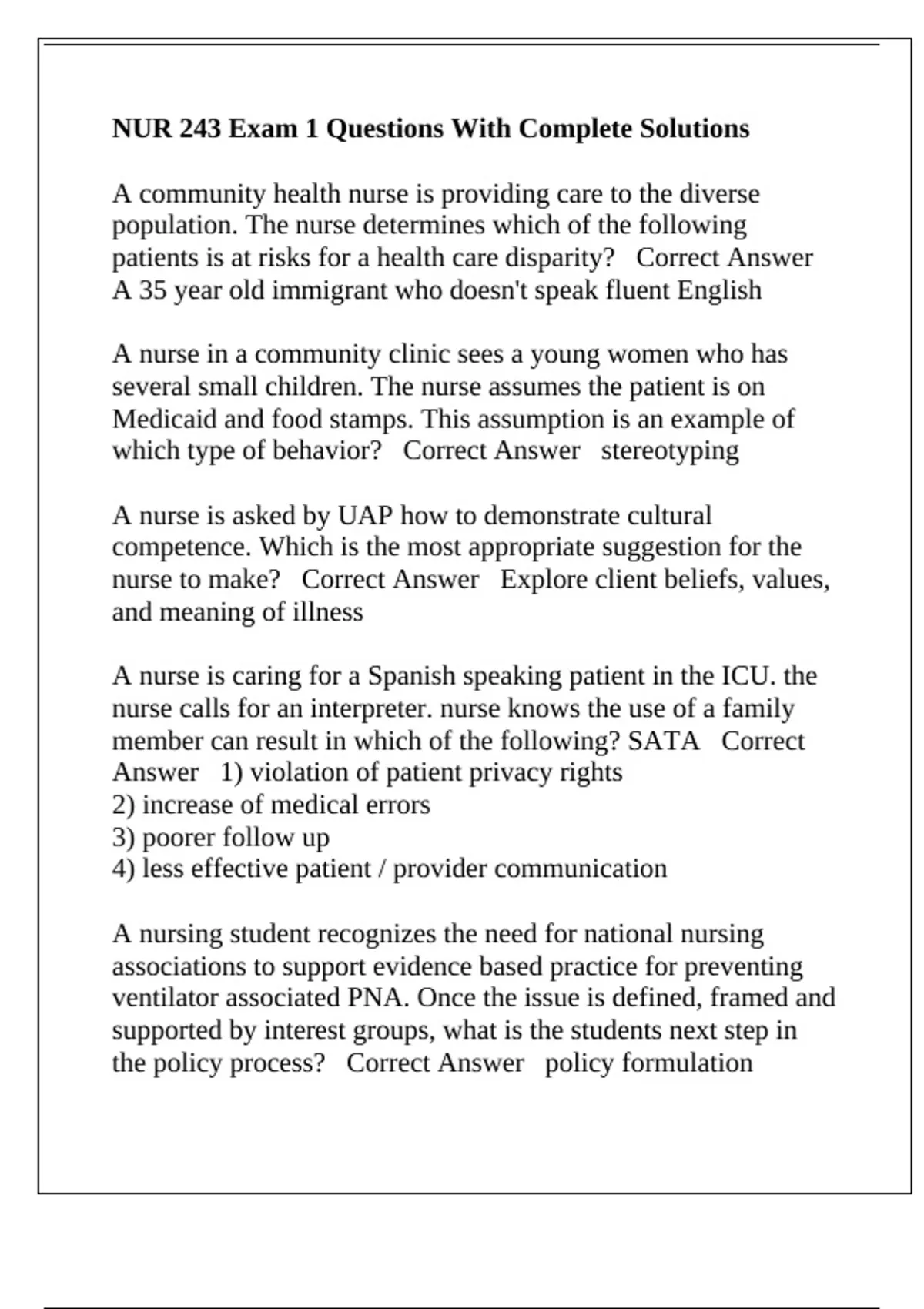 NUR 243 Exam 1 Questions With Complete Solutions - NUR 243 - Stuvia US