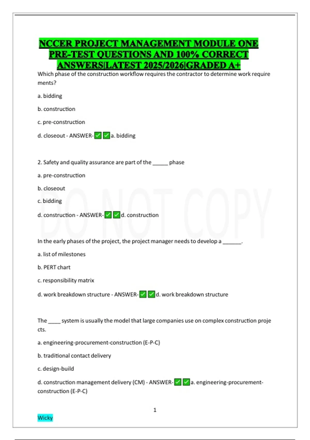NCCER PROJECT MANAGEMENT MODULE ONE PRE-TEST QUESTIONS AND 100% CORRECT ANSWERS|LATEST 2025/2026 ...