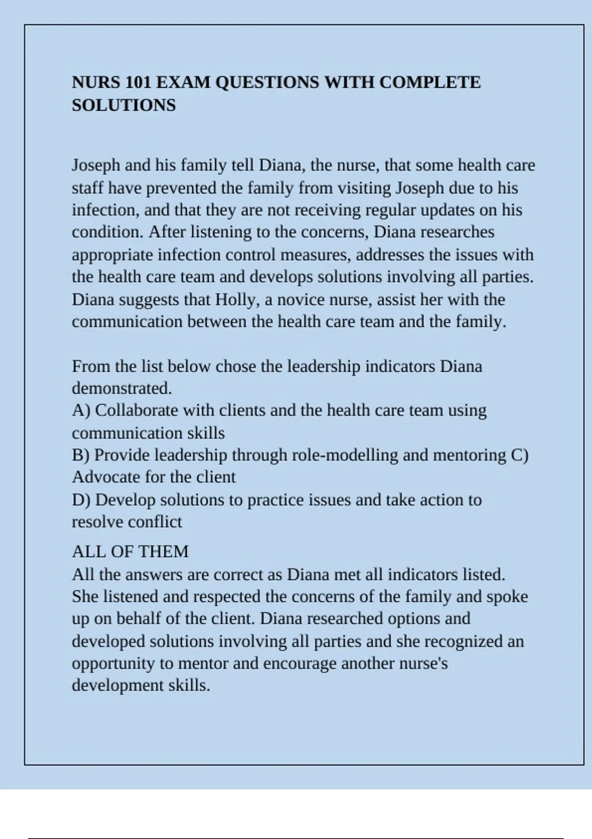 NURS 101 EXAM QUESTIONS WITH COMPLETE SOLUTIONS - NURS 101 - Stuvia US
