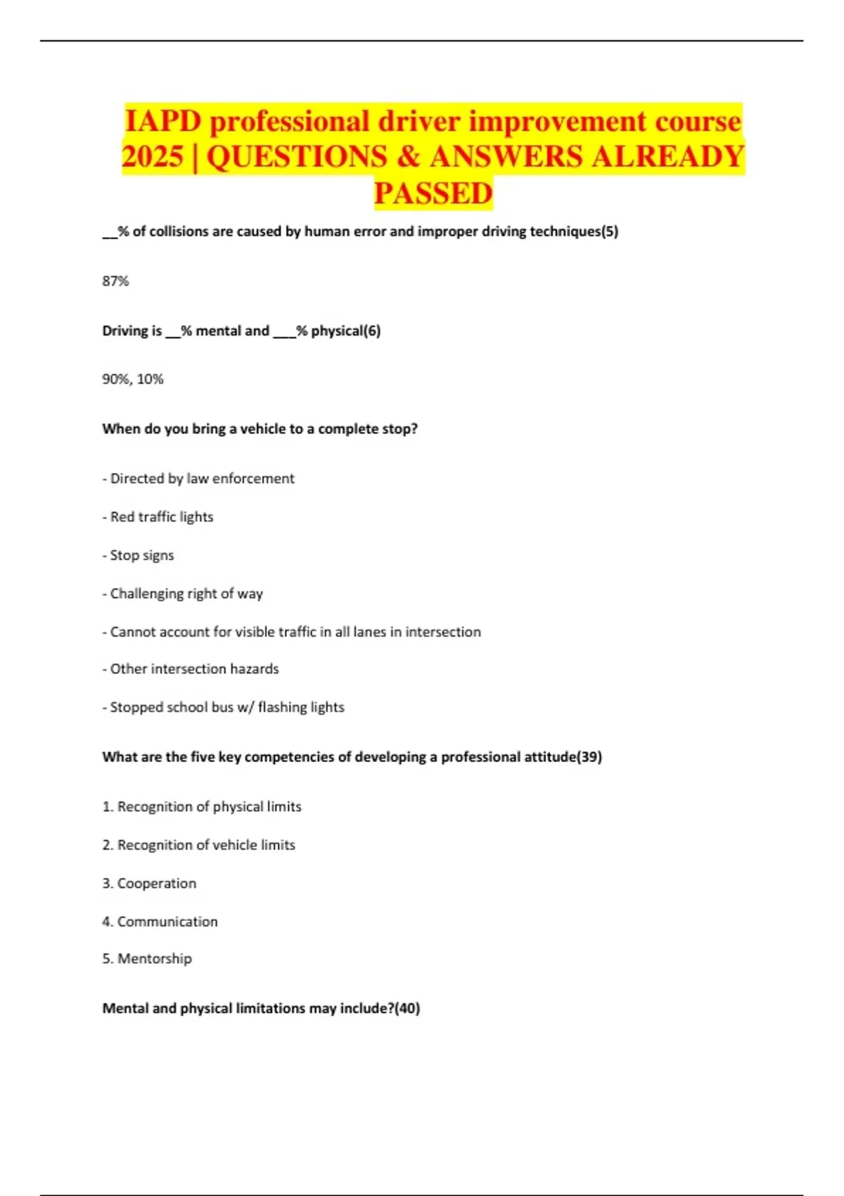 IAPD professional driver improvement course 2025 | QUESTIONS & ANSWERS ...