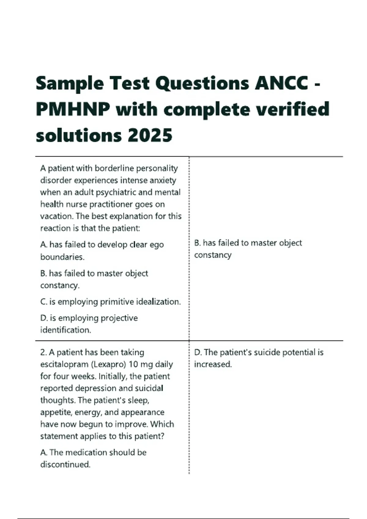 Sample Test Questions ANCC - PMHNP with complete verified solutions ...