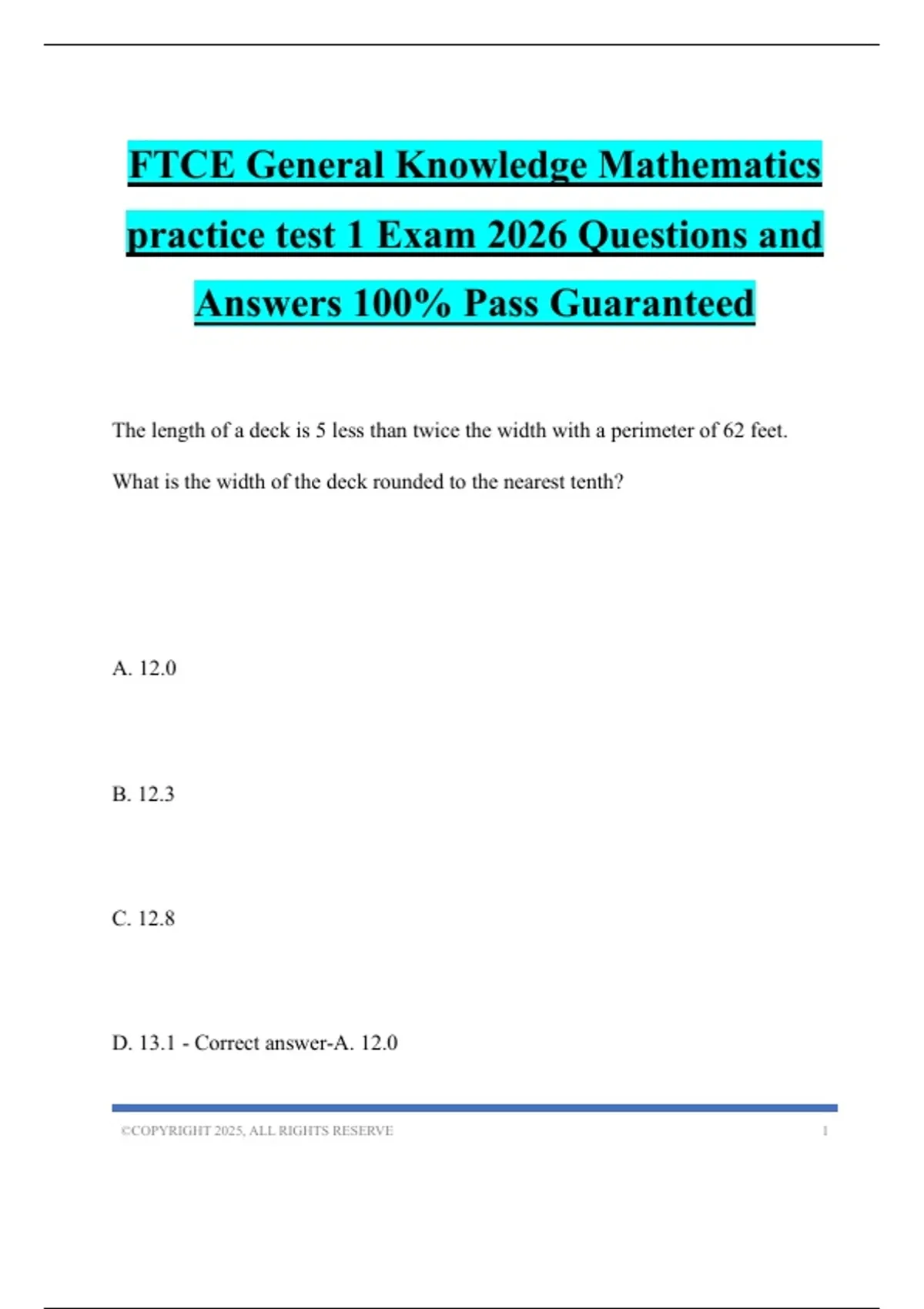 Ftce General Knowledge Mathematics Practice Test 1 Exam 2026 Questions