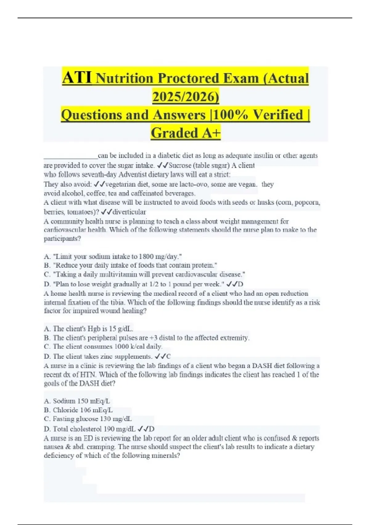 ATI Nutrition Proctored Exam (Actual 2025/2026) Questions and Answers ...