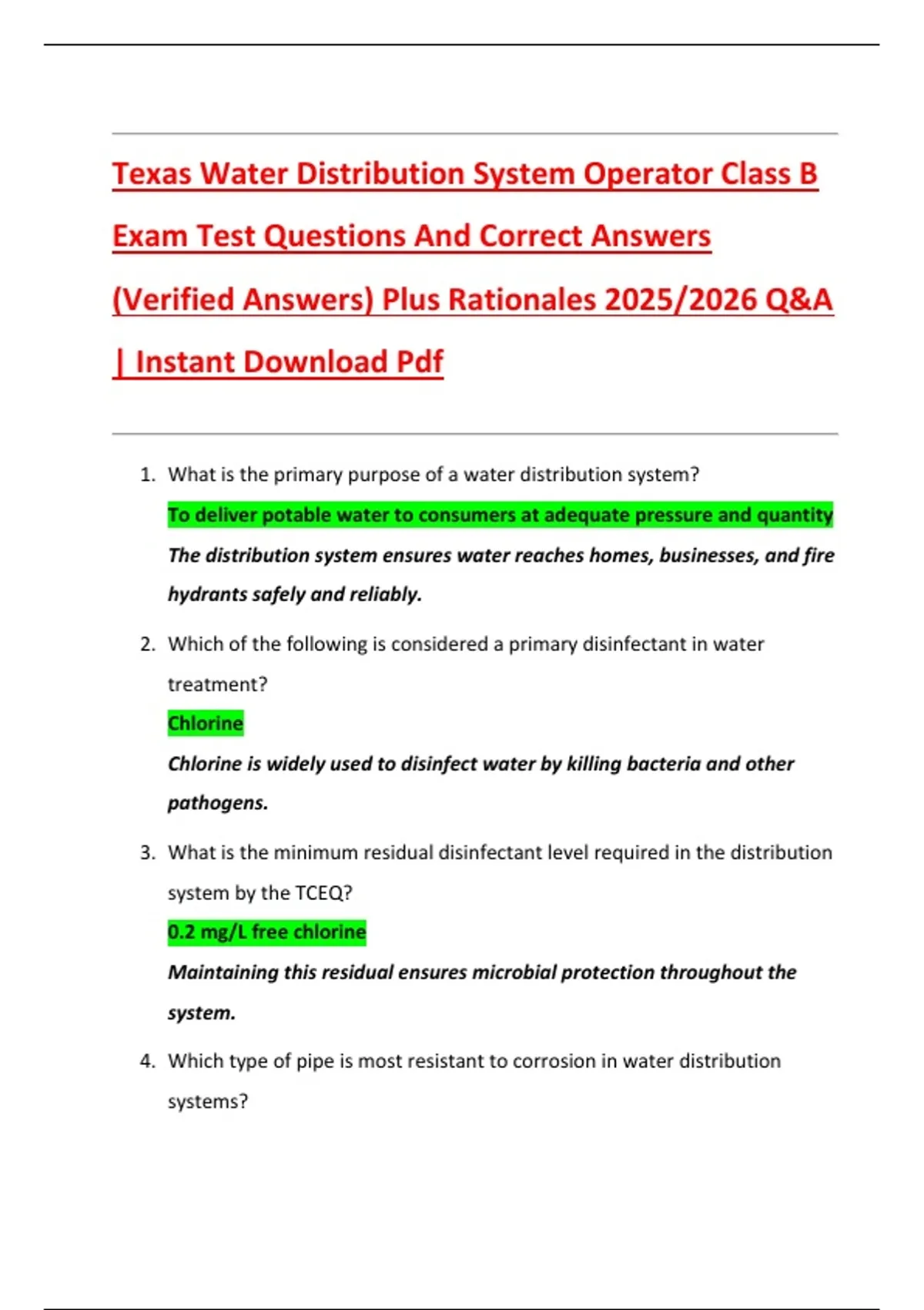 Texas Water Distribution System Operator Class B Exam Test Questions ...