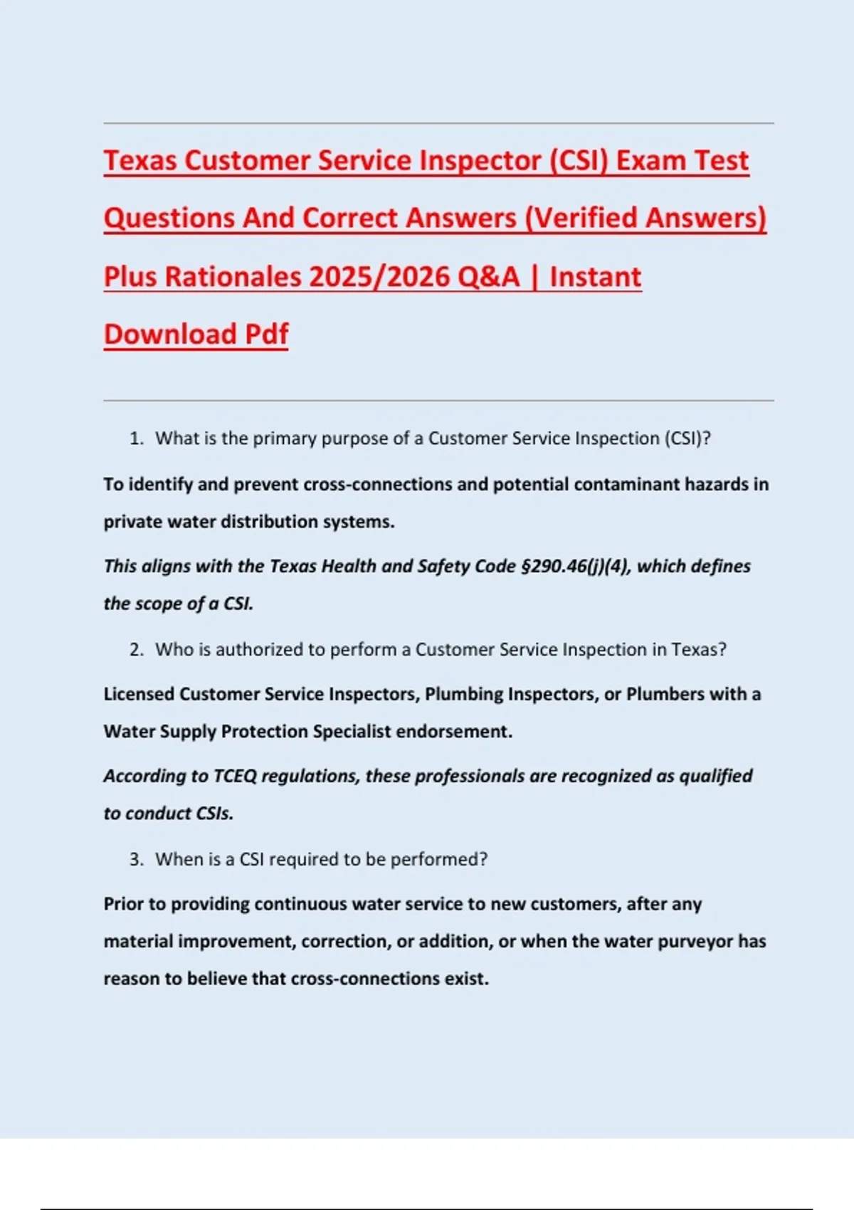 Texas Customer Service Inspector (CSI) Exam Test Questions And Correct ...