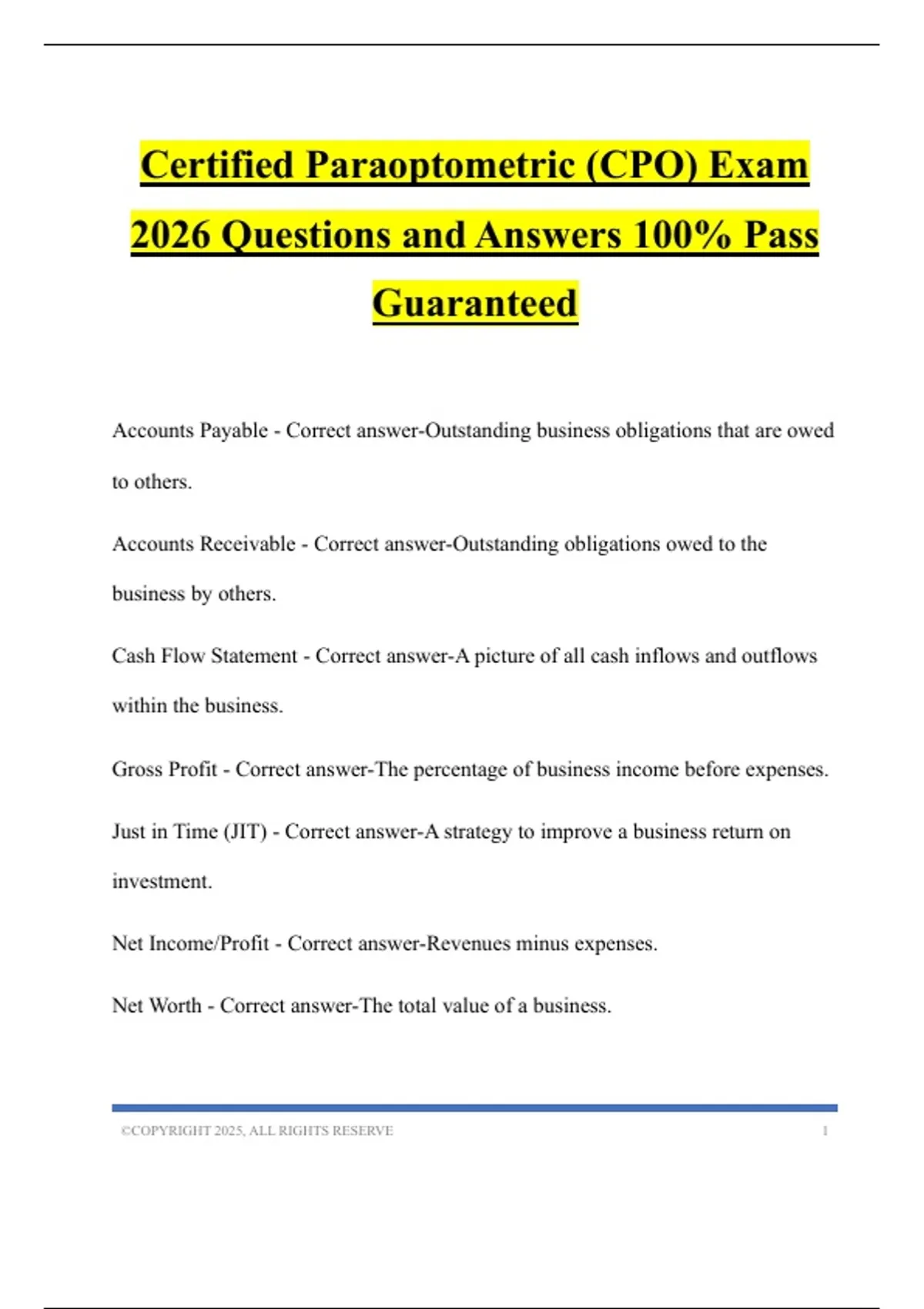 Certified Paraoptometric (CPO) Exam 2026 Questions and Answers 100% ...