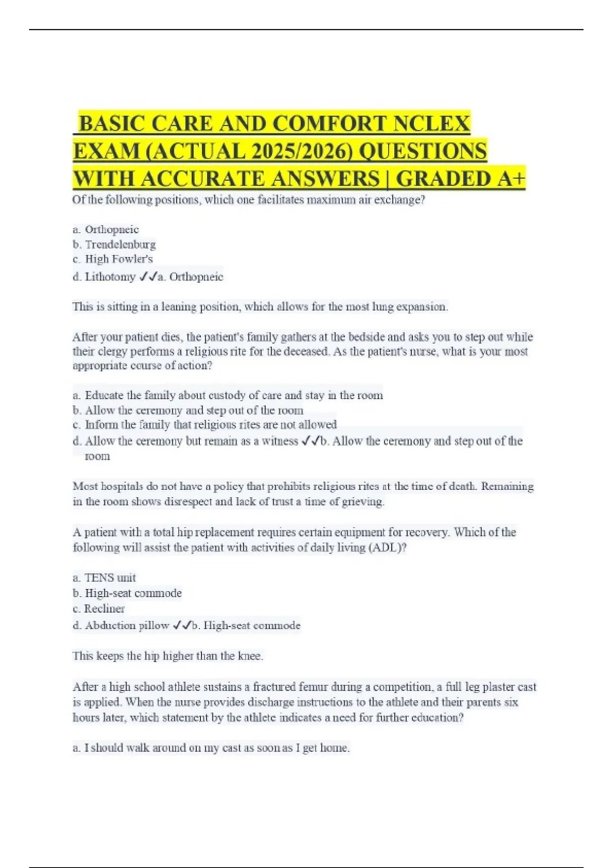 BASIC CARE AND COMFORT NCLEX EXAM (ACTUAL 2025/2026) QUESTIONS WITH ...