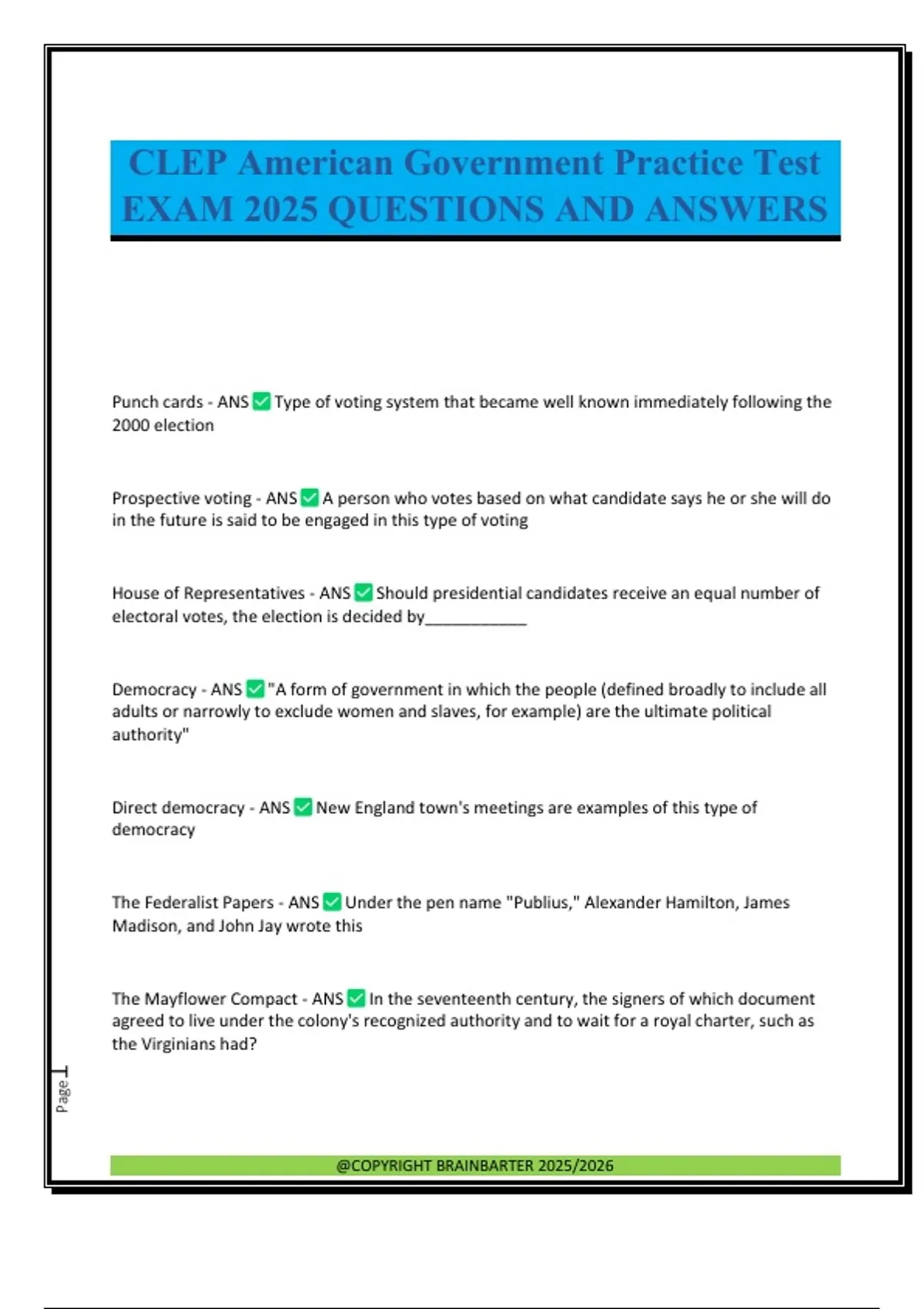 CLEP American Government Practice Test EXAM 2025 QUESTIONS AND ANSWERS ...