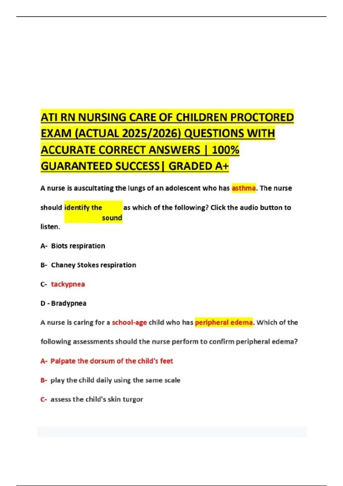 ATI RN NURSING CARE OF CHILDREN PROCTORED EXAM (ACTUAL 2025/2026 ...