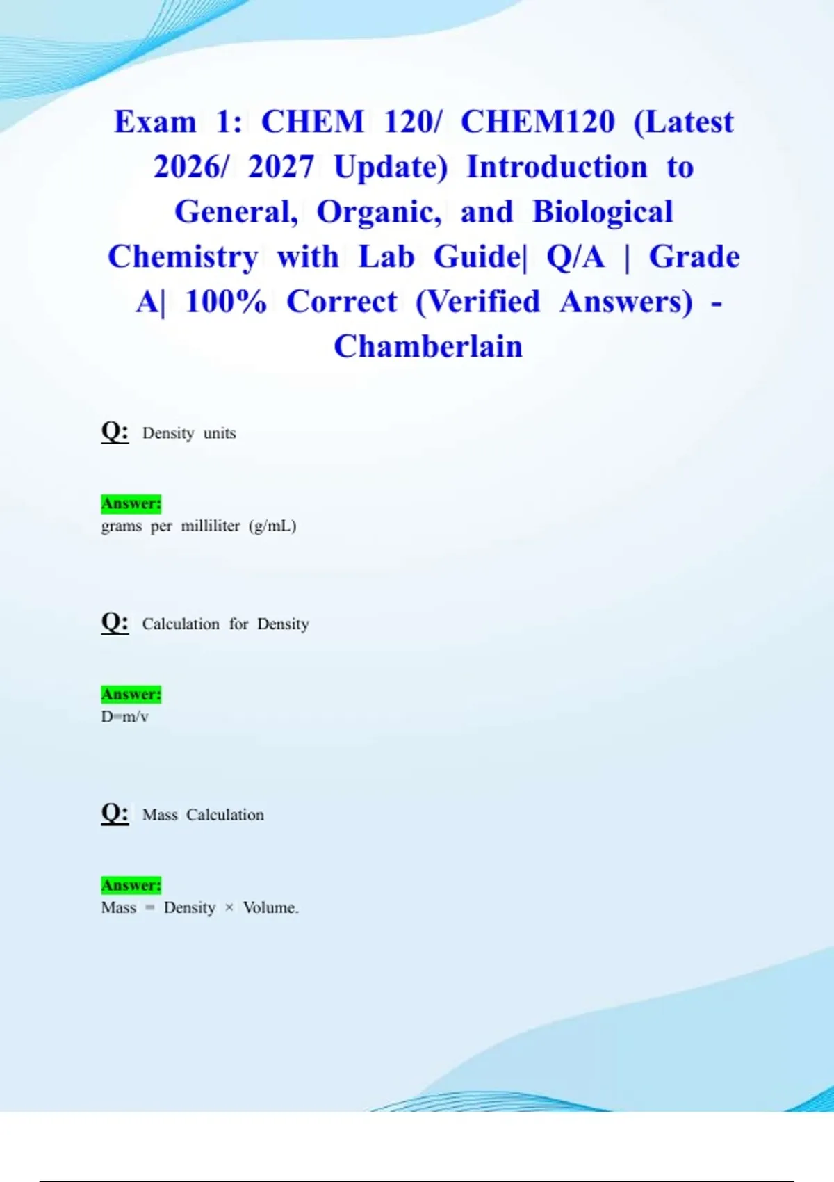 Exam 1: CHEM 120/ CHEM120 (Latest 2026/ 2027 Update) Introduction to ...