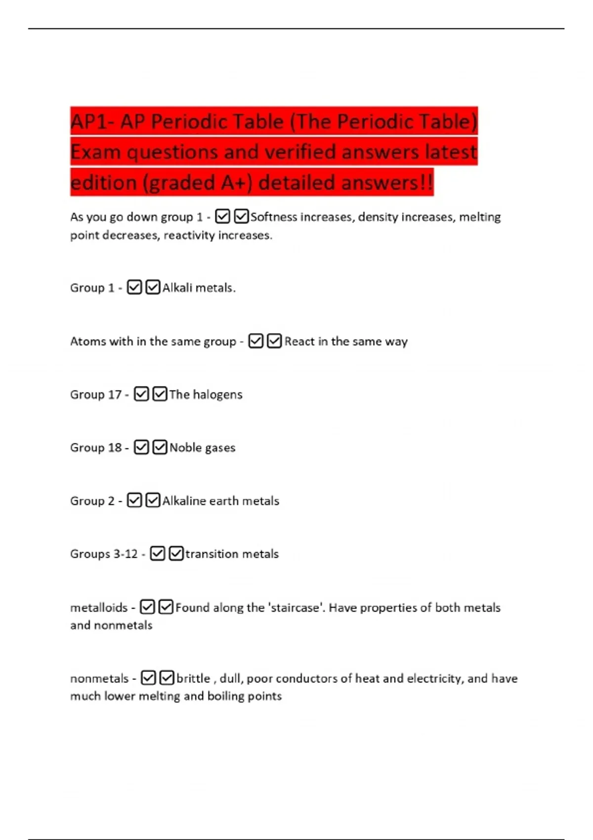 AP1- AP Periodic Table (The Periodic Table) Exam questions and verified ...