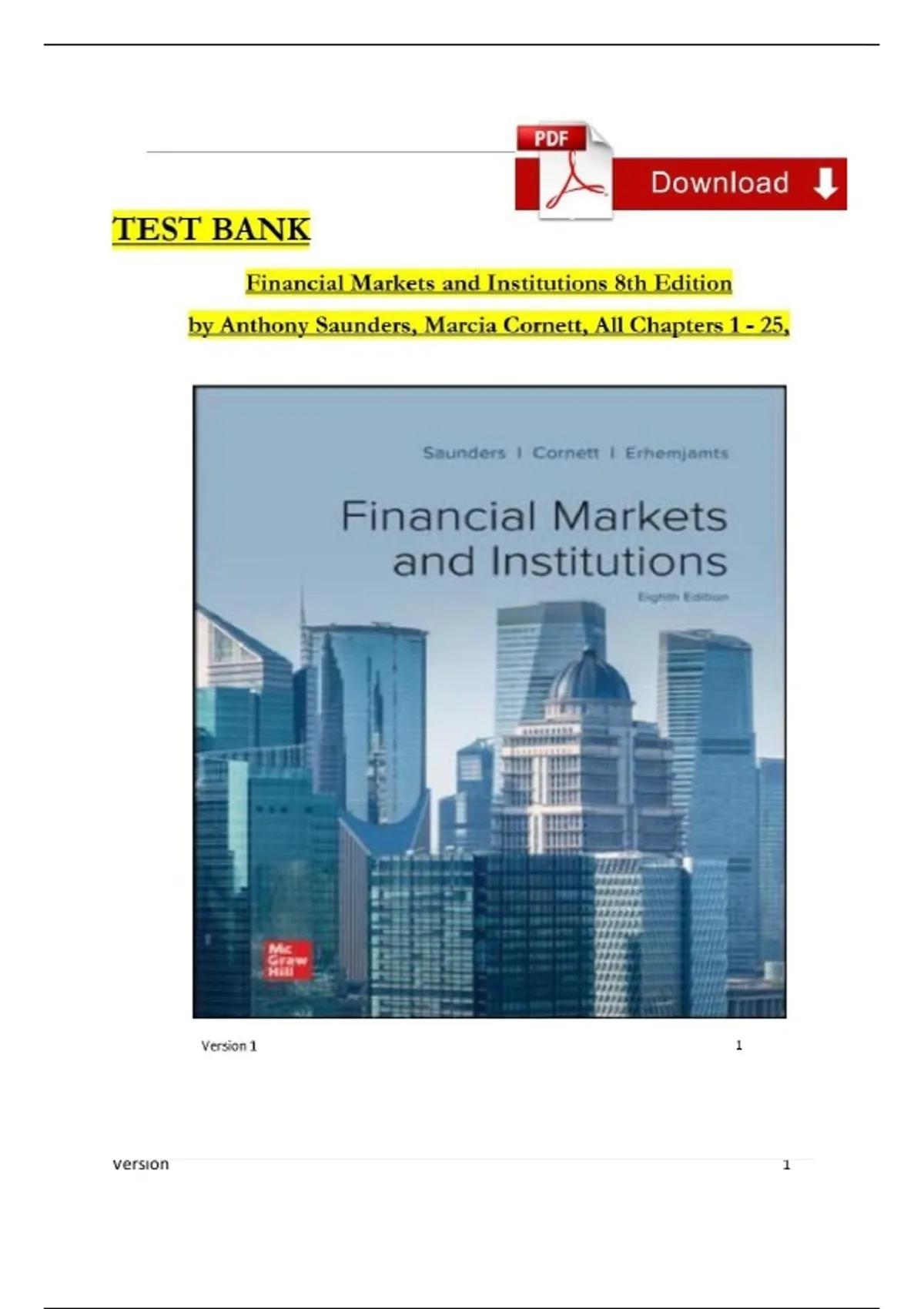 TEST BANK For Financial Markets and Institutions, 8th Edition by ...