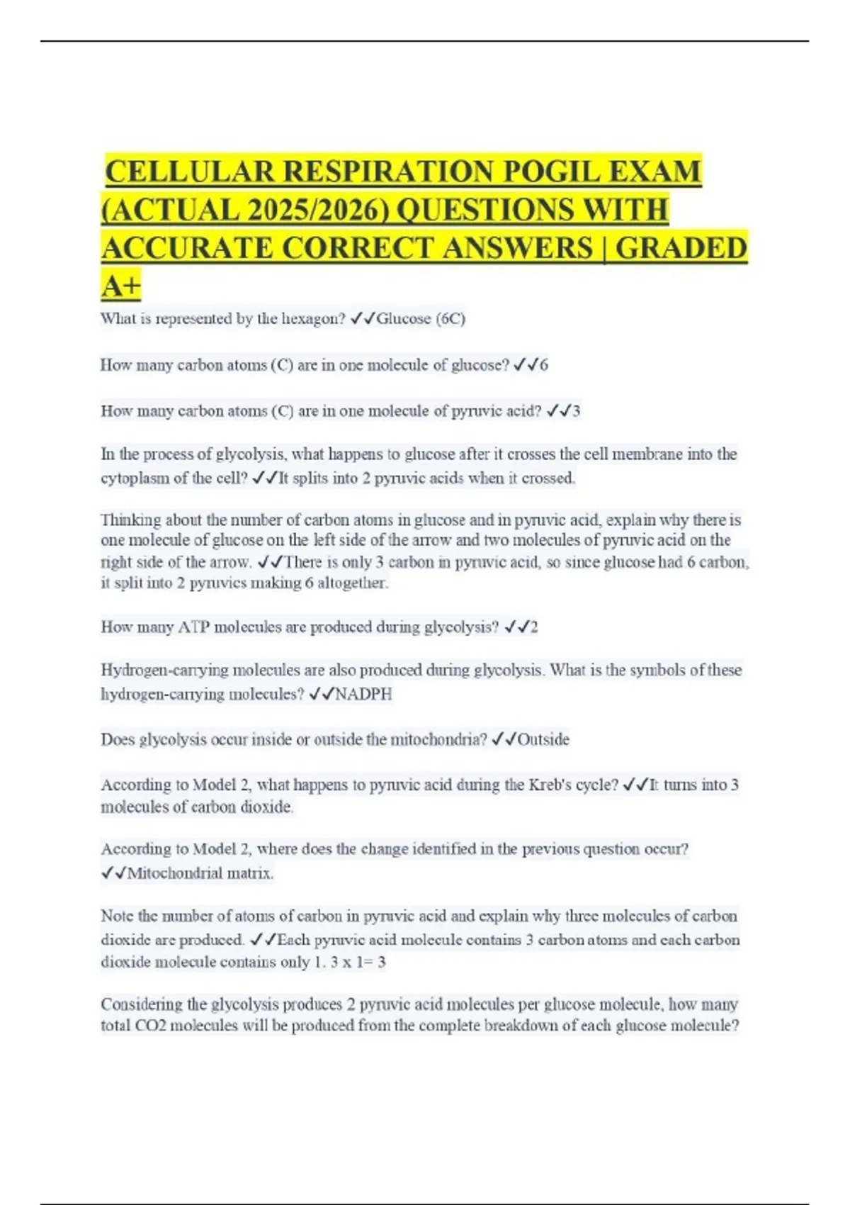 CELLULAR RESPIRATION POGIL EXAM (ACTUAL 2025/2026) QUESTIONS WITH ...