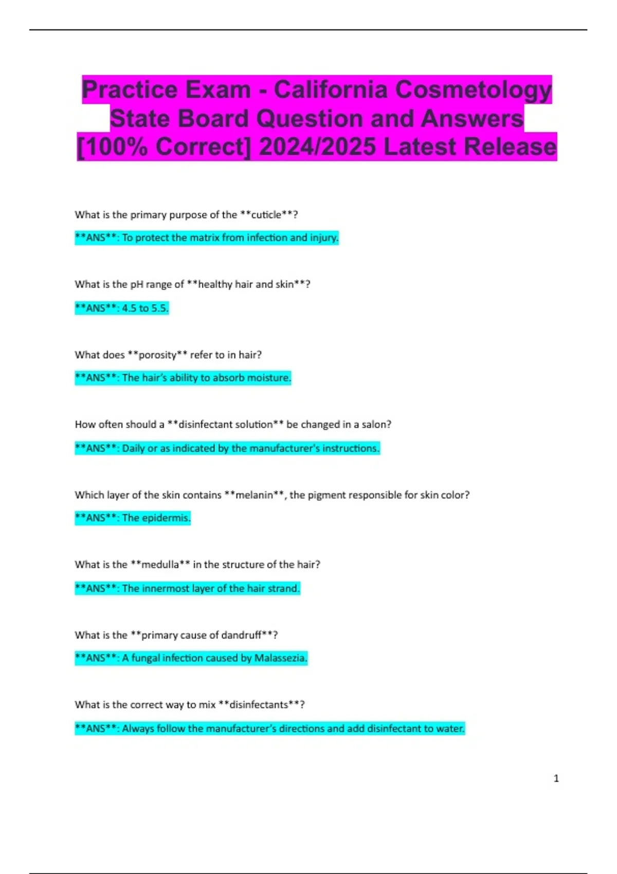 Practice Exam - California Cosmetology State Board Question and Answers ...