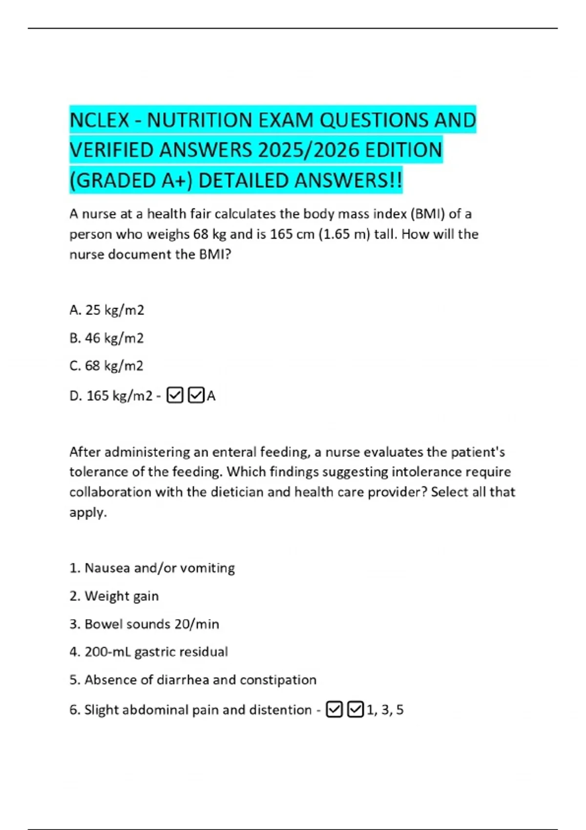 NCLEX - NUTRITION EXAM QUESTIONS AND VERIFIED ANSWERS 2025/2026 EDITION ...
