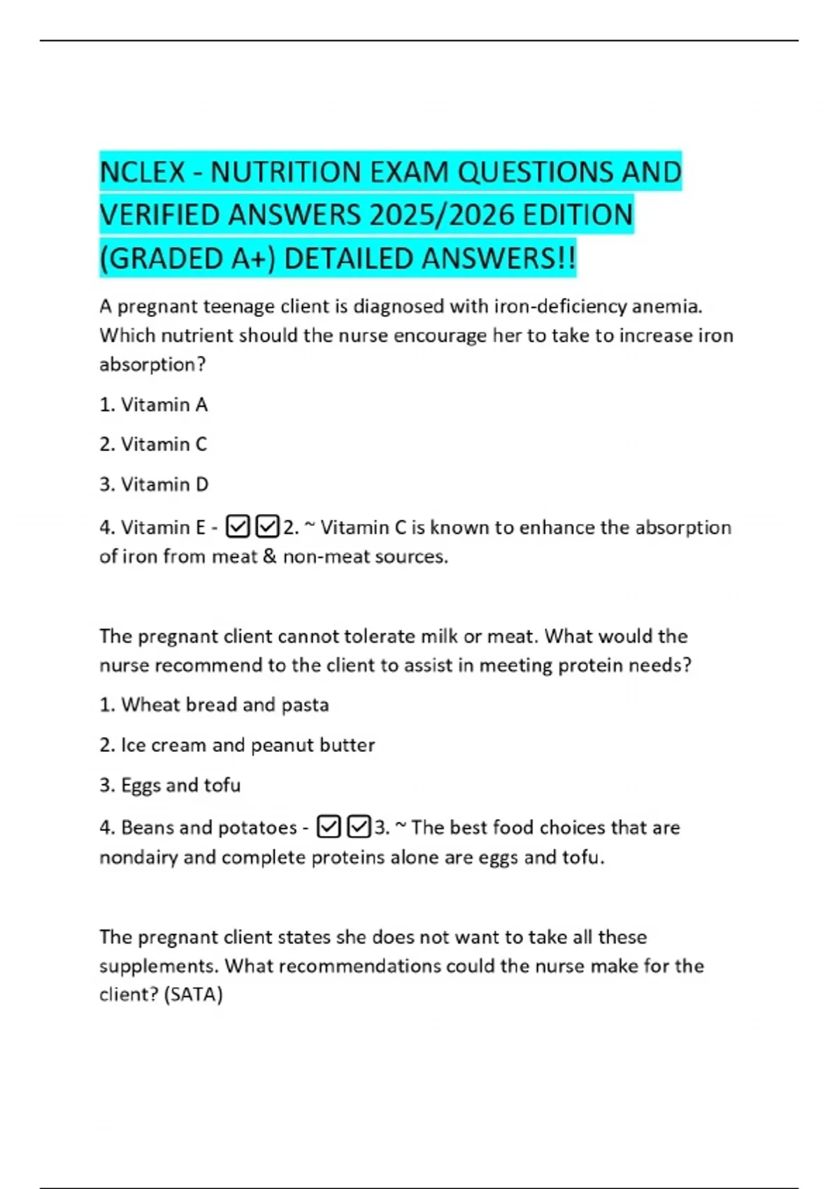 NCLEX - NUTRITION EXAM QUESTIONS AND VERIFIED ANSWERS 2025/2026 EDITION ...