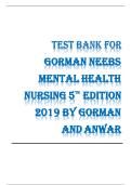 TEST BANK For Nursing 5th Edition Mental Health and Anwar Gorman Neebs 2019 by Gorman