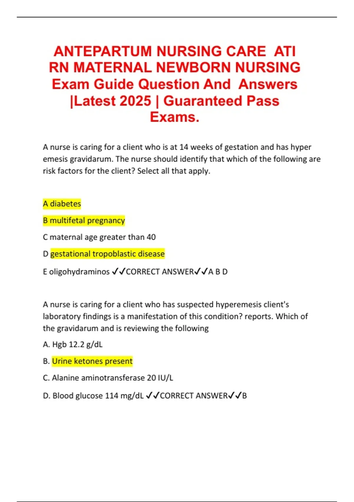 ANTEPARTUM NURSING CARE ATI RN MATERNAL NEWBORN NURSING Exam Guide ...