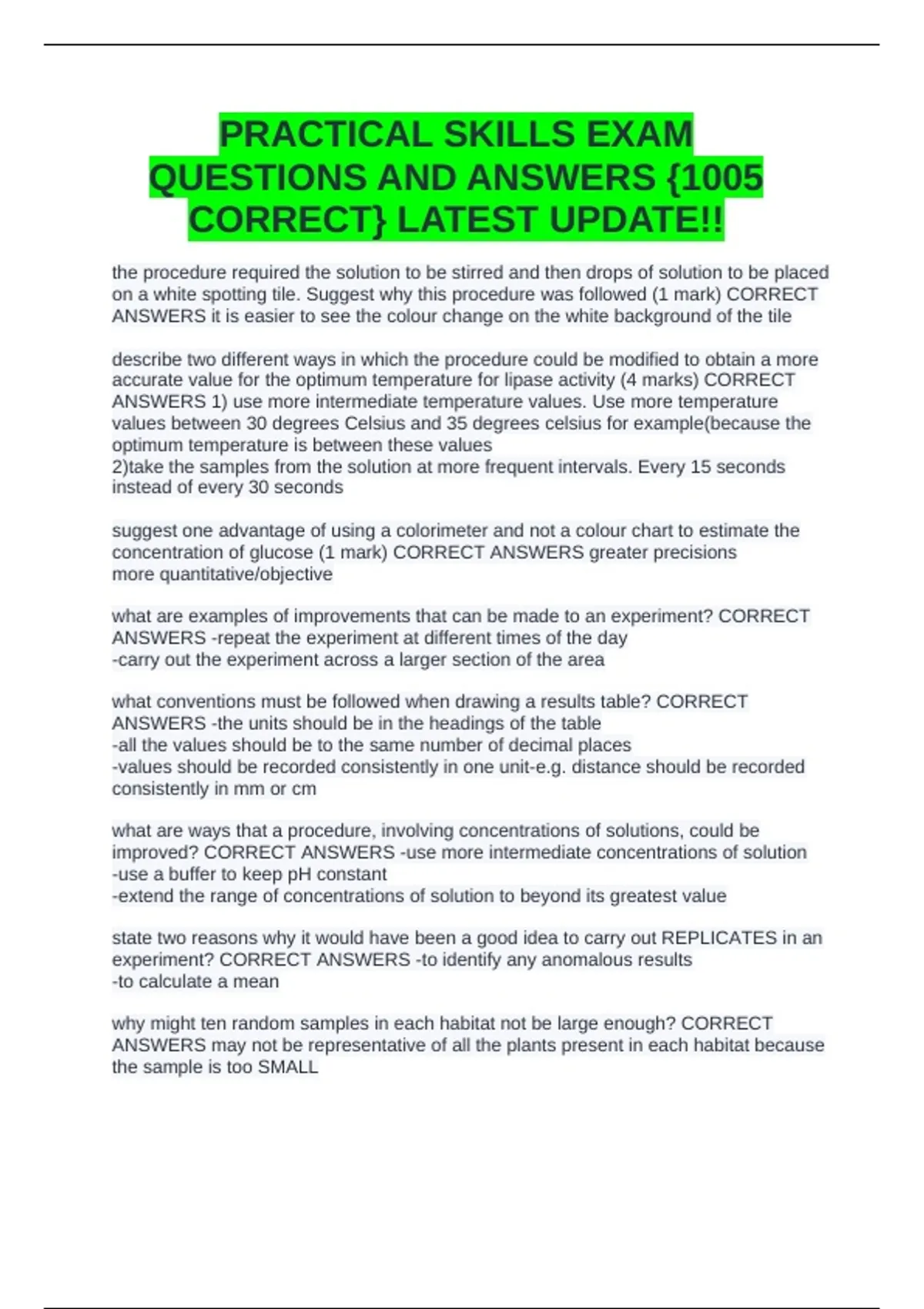 PRACTICAL SKILLS EXAM QUESTIONS AND ANSWERS {1005 CORRECT} LATEST ...