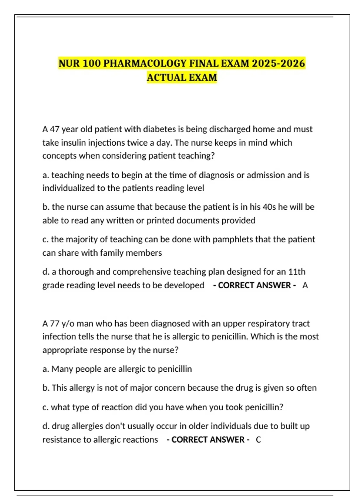 NUR 100 Pharmacology Final Exam 2025–2026: Questions & Correct Answers ...