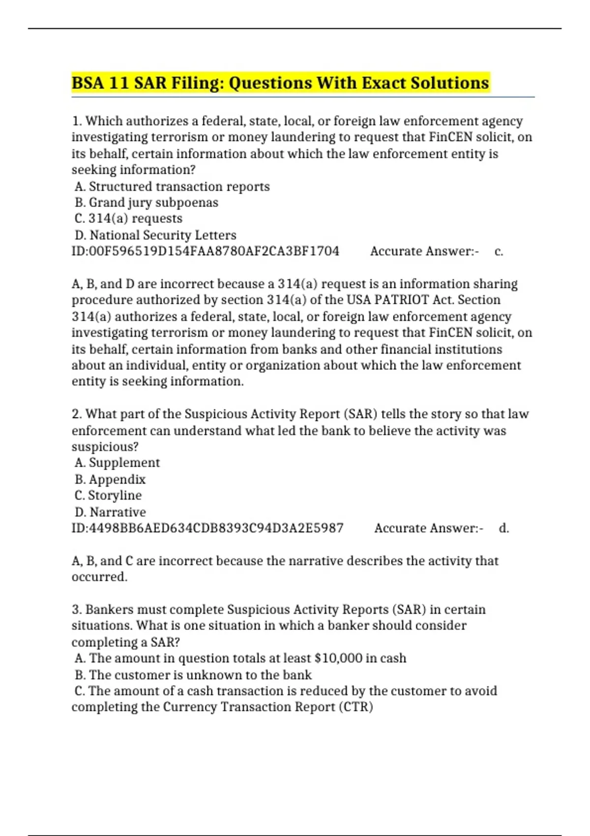 BSA 11 SAR Filing: Questions With Exact Solutions - BSA/AML - Stuvia US