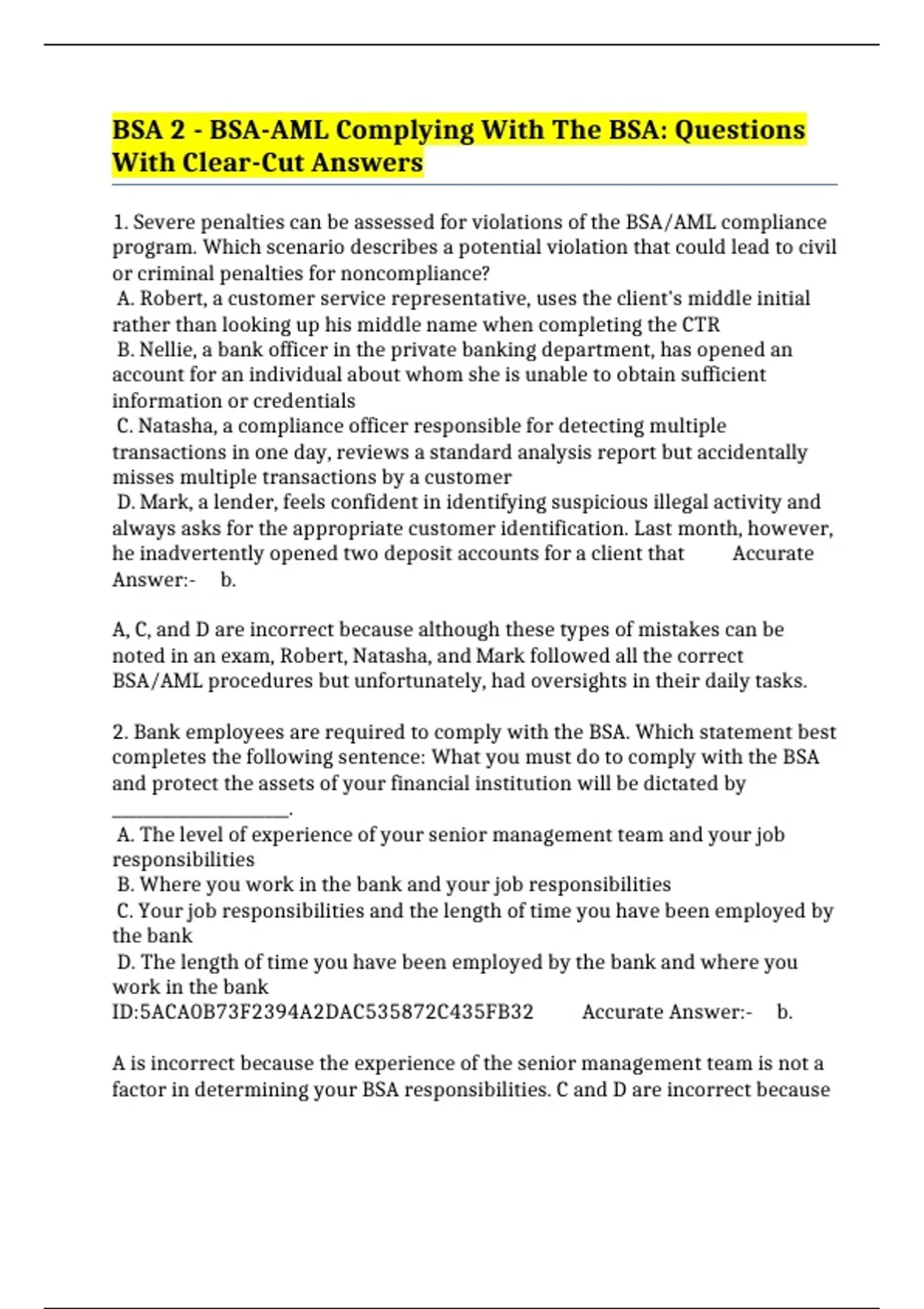 BSA 2 - BSA-AML Complying With The BSA: Questions With Clear-Cut ...