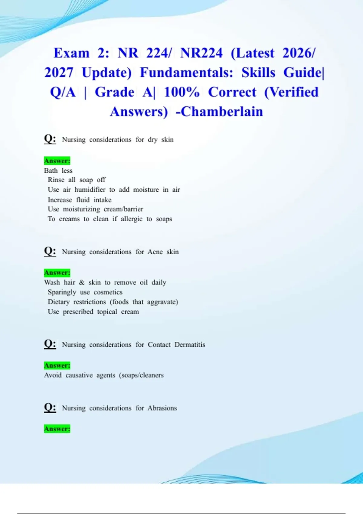 Exam 2: NR 224/ NR224 (Latest 2026/ 2027 Update) Fundamentals: Skills ...