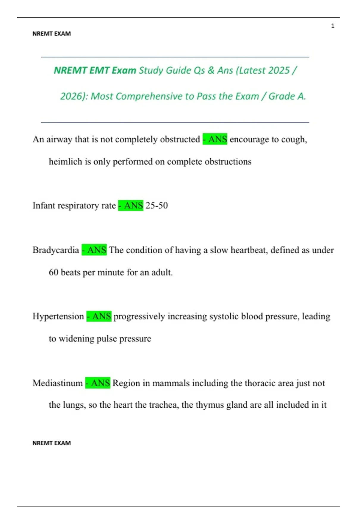 NREMT EMT Exam Study Guide Qs & Ans (Latest 2025