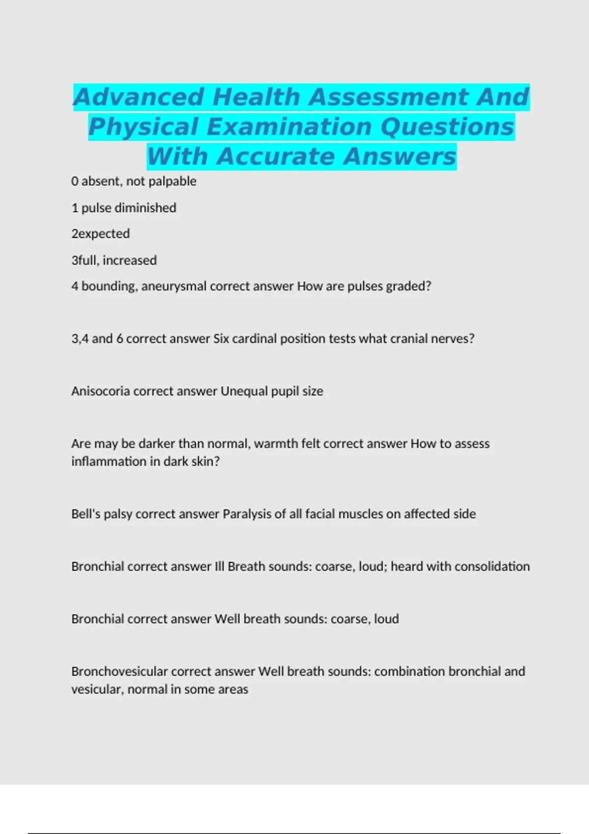 Advanced Health Assessment And Physical Examination Questions With ...