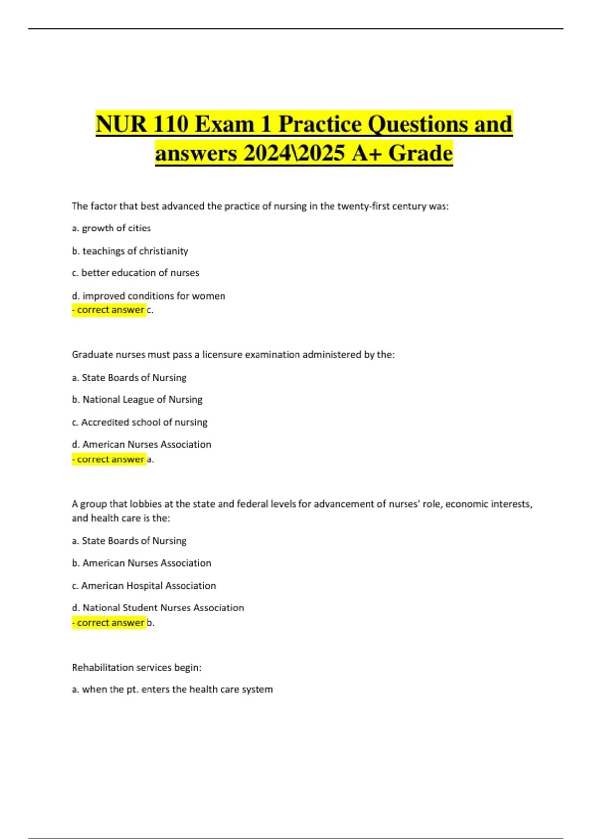 NUR 110 Exam 1 Practice Questions and Correct Answers 2024/2025 – A+ ...