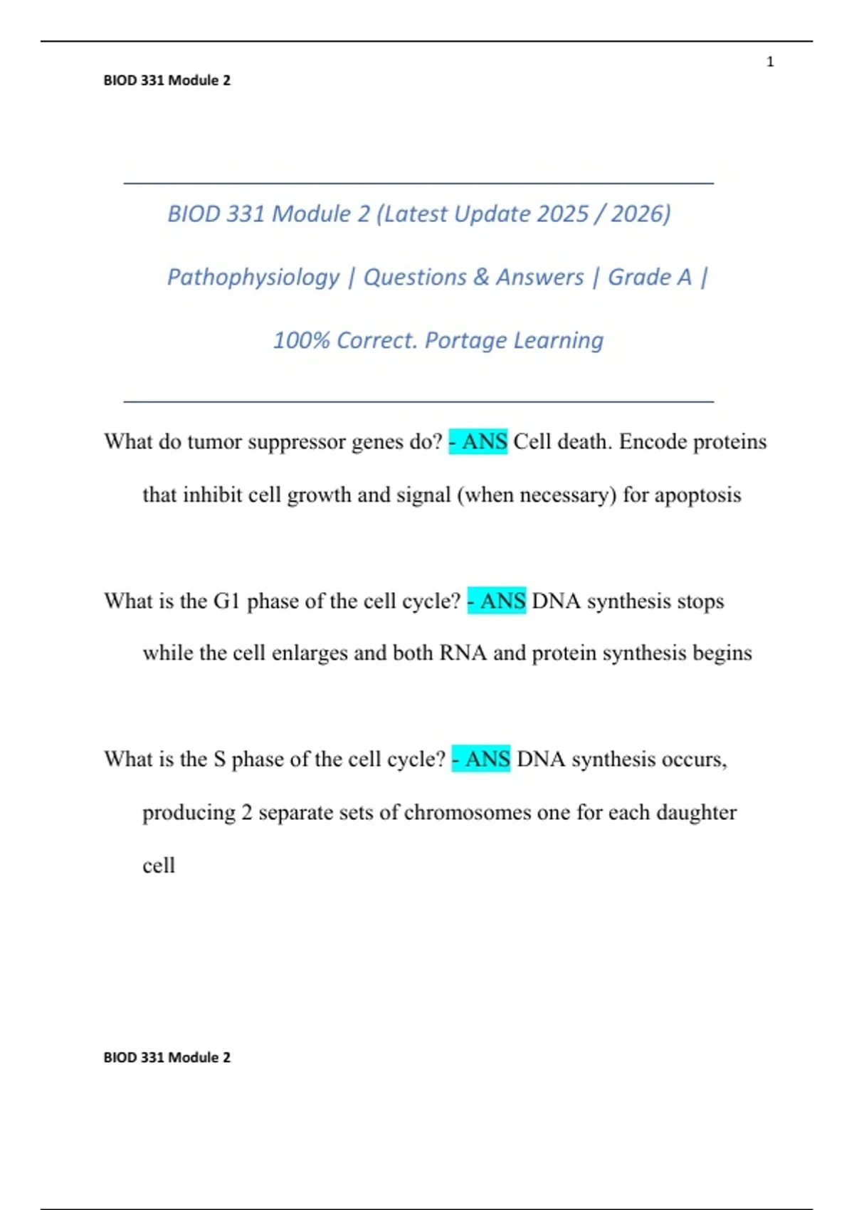 BIOD 331 Module 2 (Latest Update 2025 / 2026) Pathophysiology ...