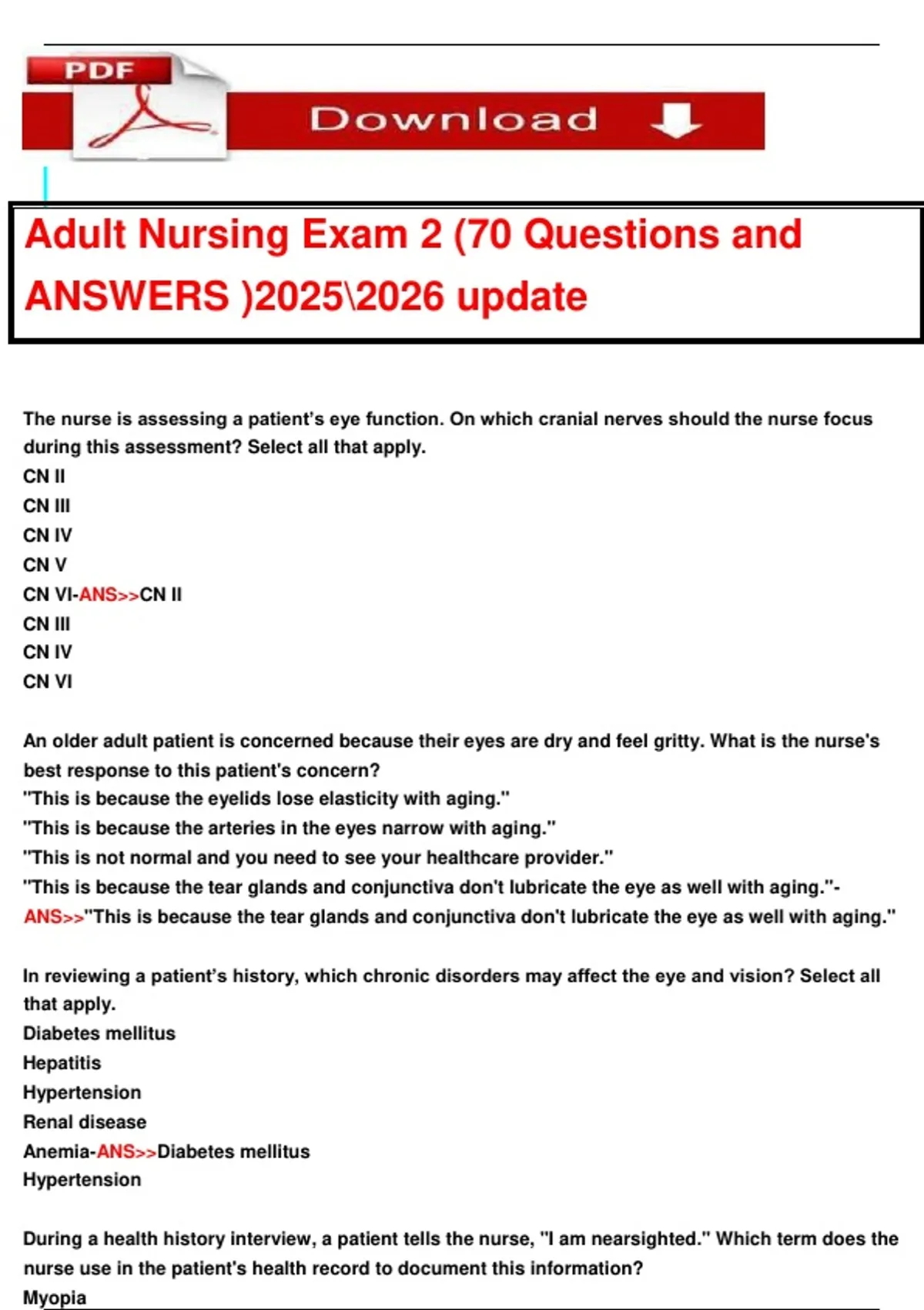 Adult Nursing Exam 2 (70 Questions and ANSWERS ) update - Adult Nursing ...