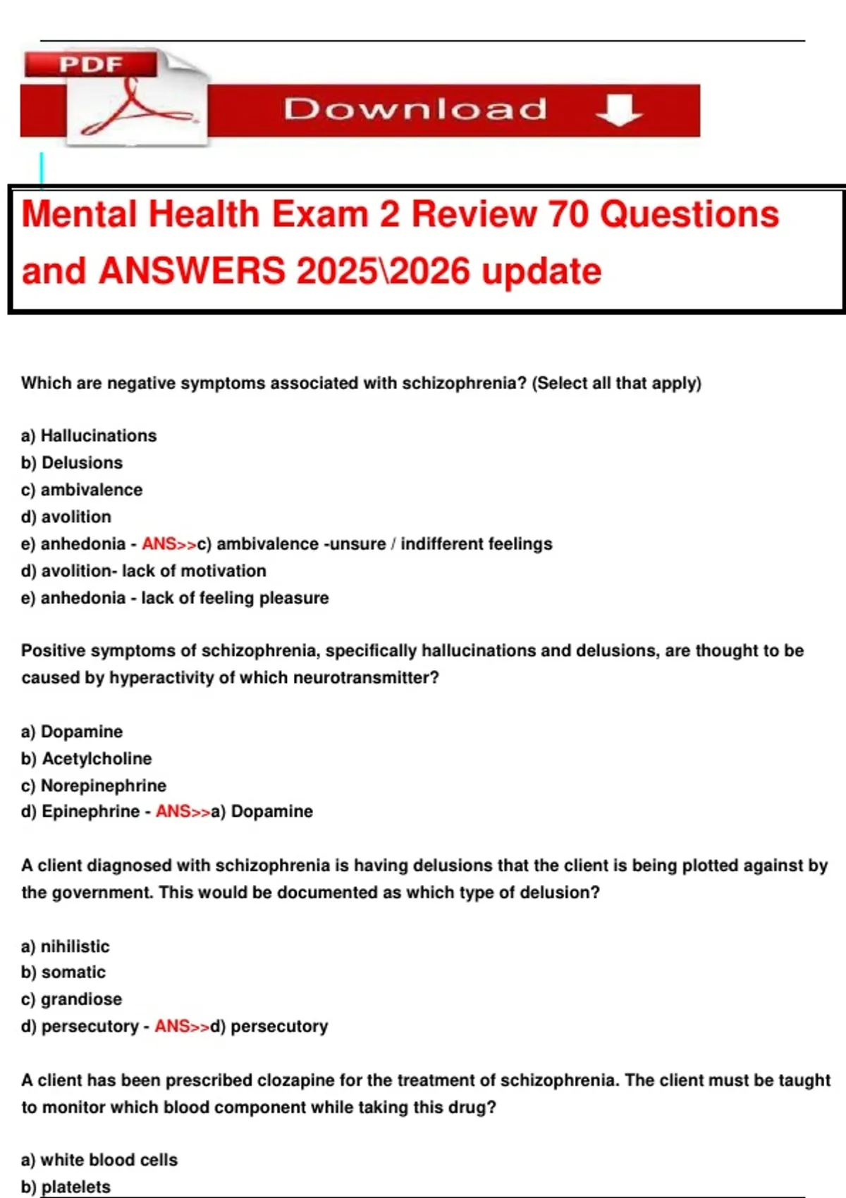Mental Health Exam 2 Review 70 Questions and ANSWERS update - Mental ...