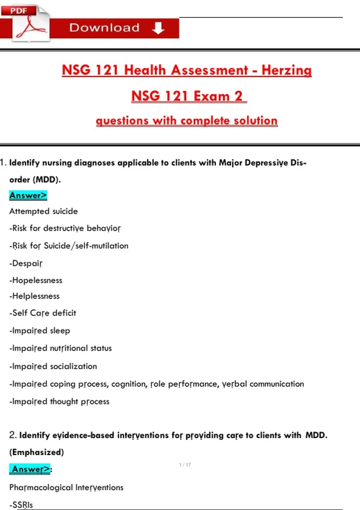 NSG 121 Health Assessment - Herzing NSG 121 Exam 2 questions with ...