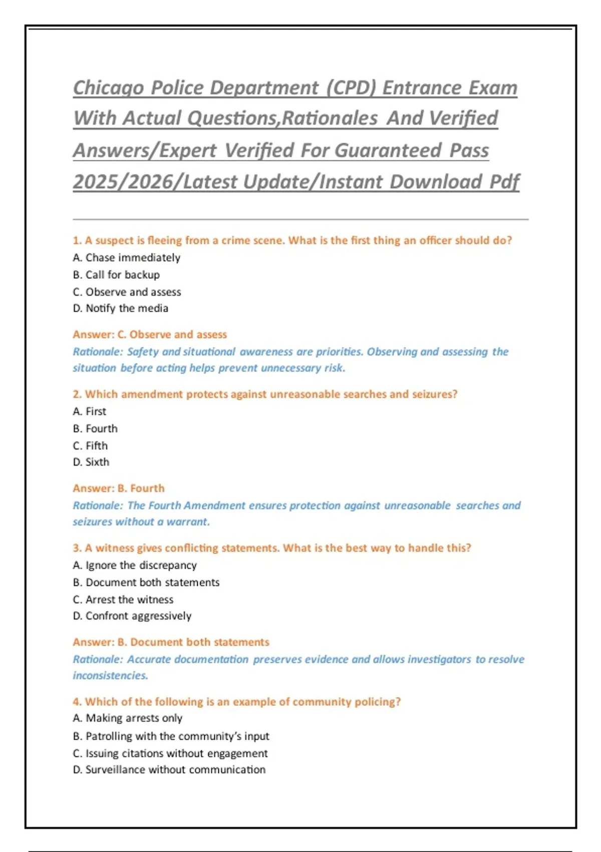 Chicago Police Department (CPD) Entrance Exam With Actual Questions,Rationales And Verified ...