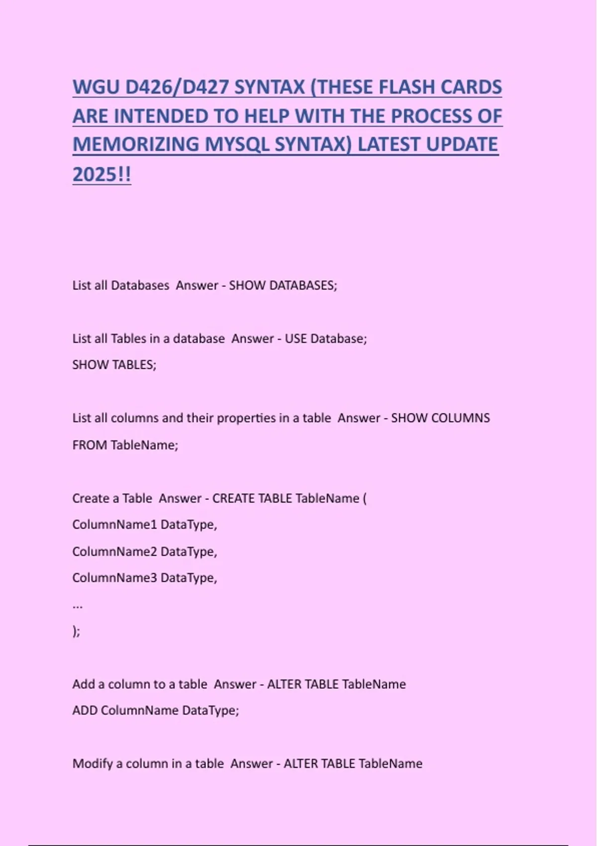 WGU D426/D427 SYNTAX (THESE FLASH CARDS ARE INTENDED TO HELP WITH THE ...