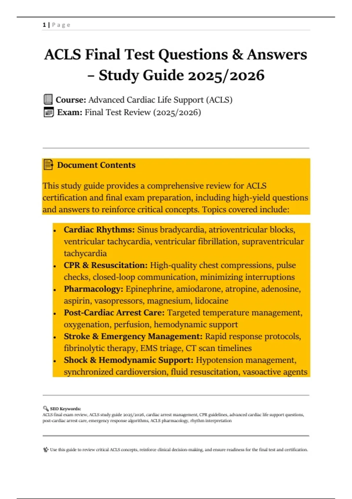 ACLS Final Test Questions & Answers – Study Guide 2025/2026 Course ...
