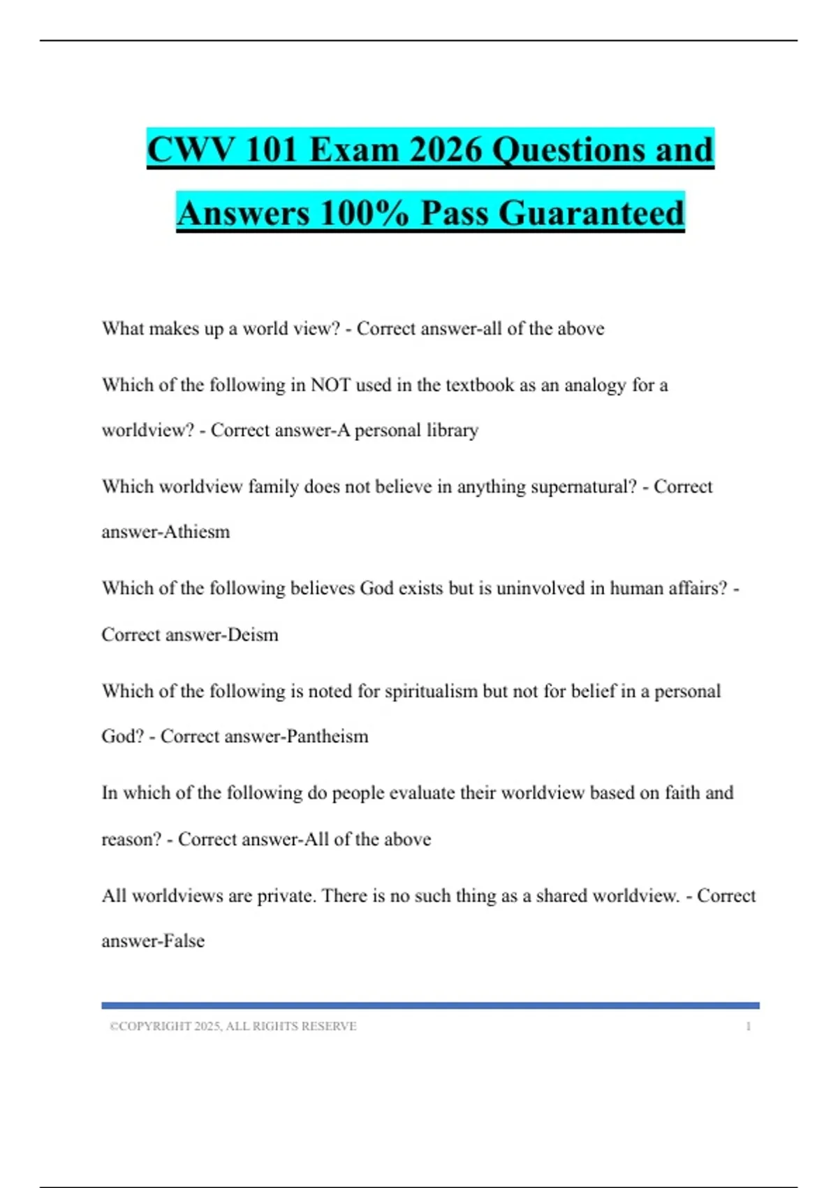 CWV 101 Exam 2026 Questions and Answers 100% Pass Guaranteed - CWV 101 ...