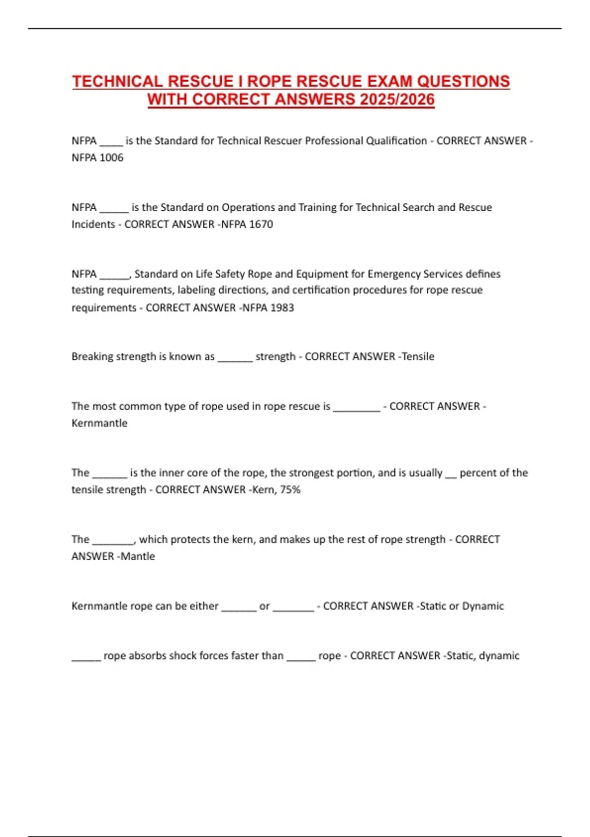 TECHNICAL RESCUE I ROPE RESCUE EXAM QUESTIONS WITH CORRECT ANSWERS 2025 ...
