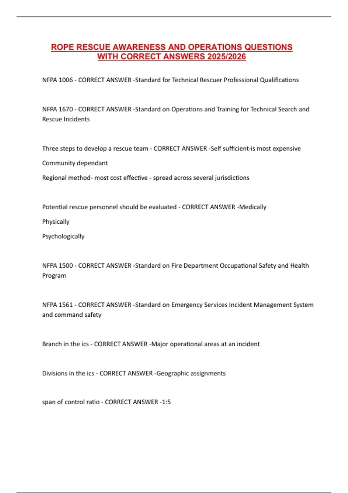 ROPE RESCUE AWARENESS AND OPERATIONS QUESTIONS WITH CORRECT ANSWERS ...