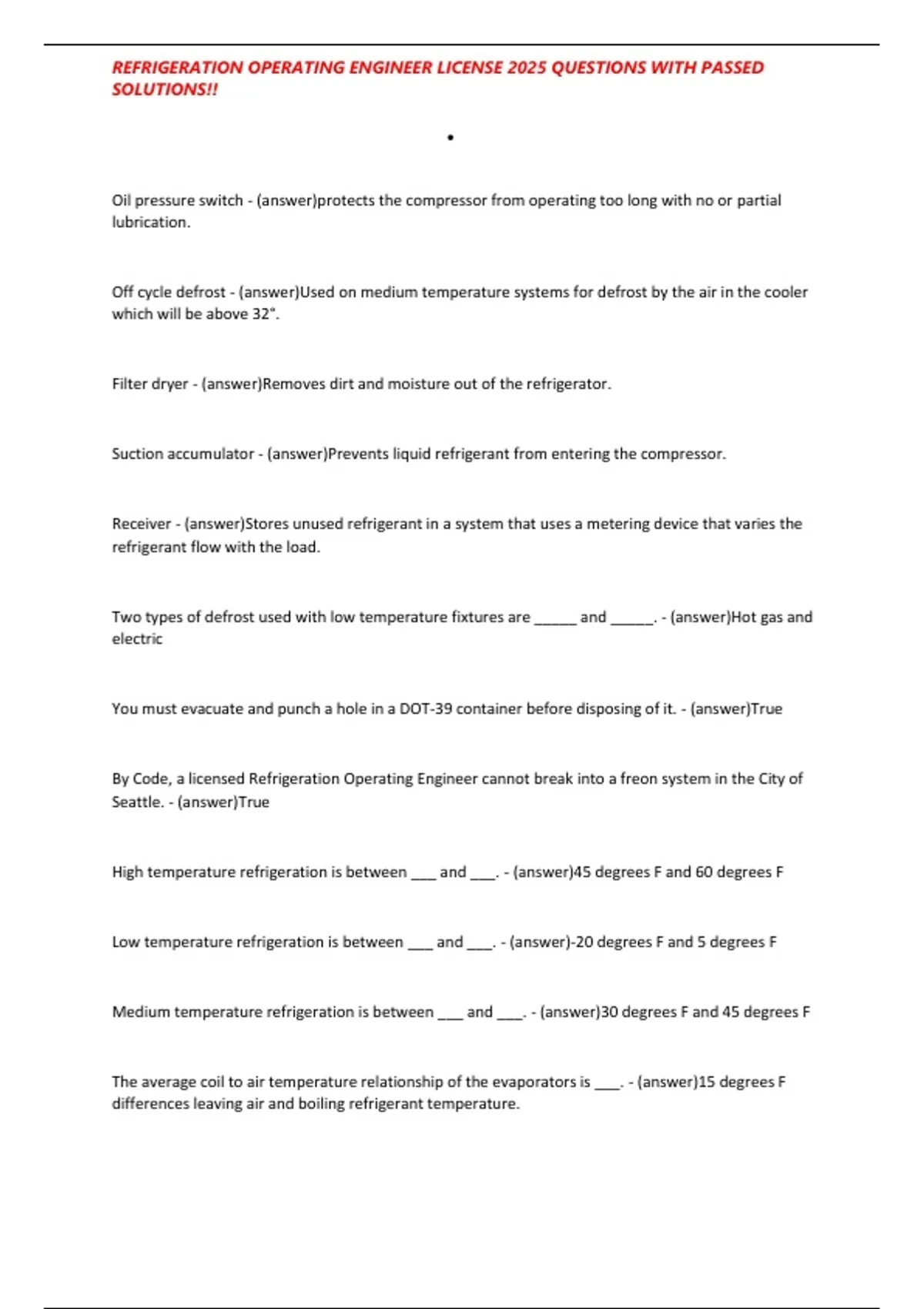 REFRIGERATION OPERATING ENGINEER LICENSE 2025 QUESTIONS WITH PASSED ...