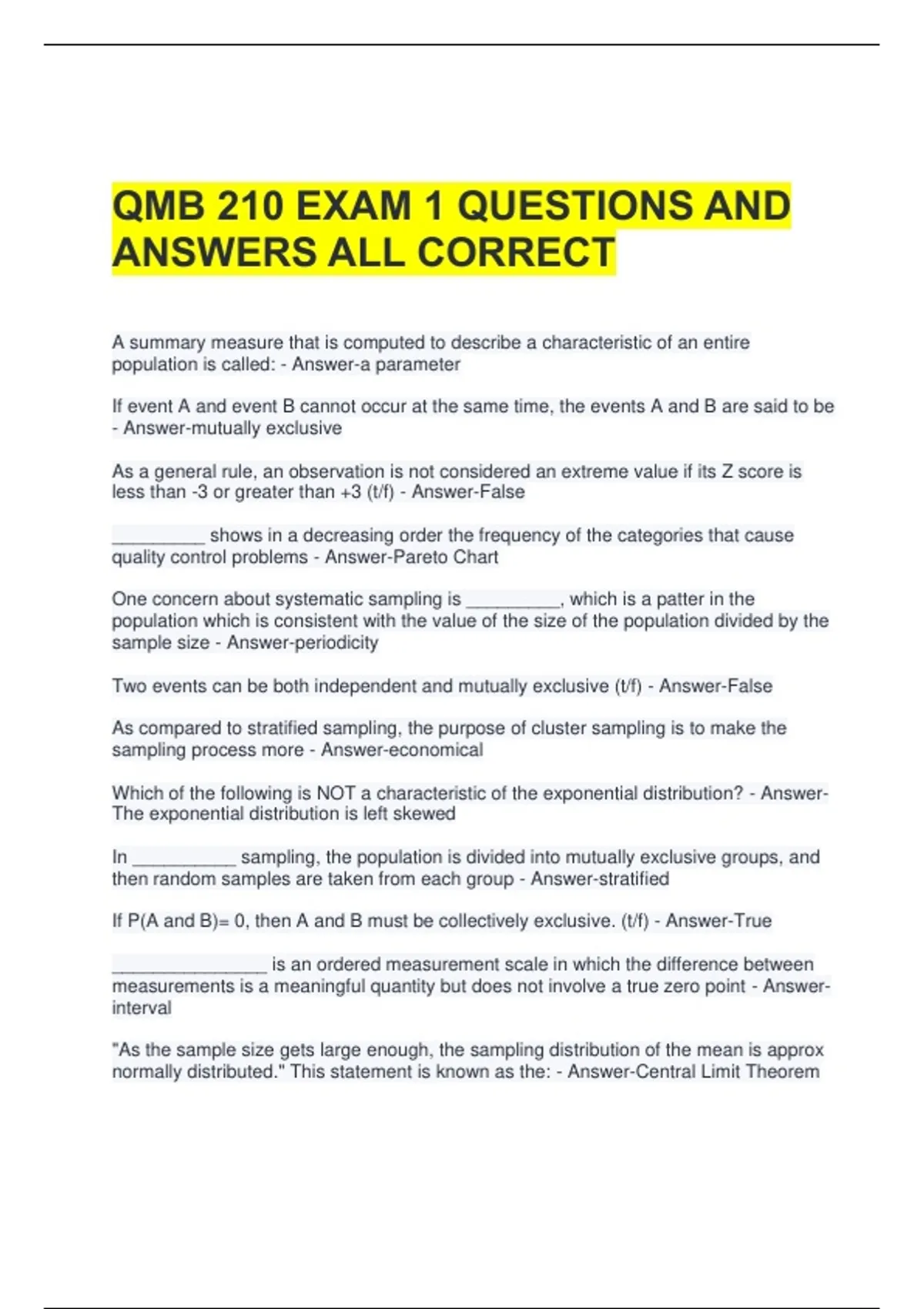 Math Problem Qmb QMB 210 EXAM 1 QUESTIONS AND ANSWERS ALL CORRECT - QMB 210 - Stuvia US