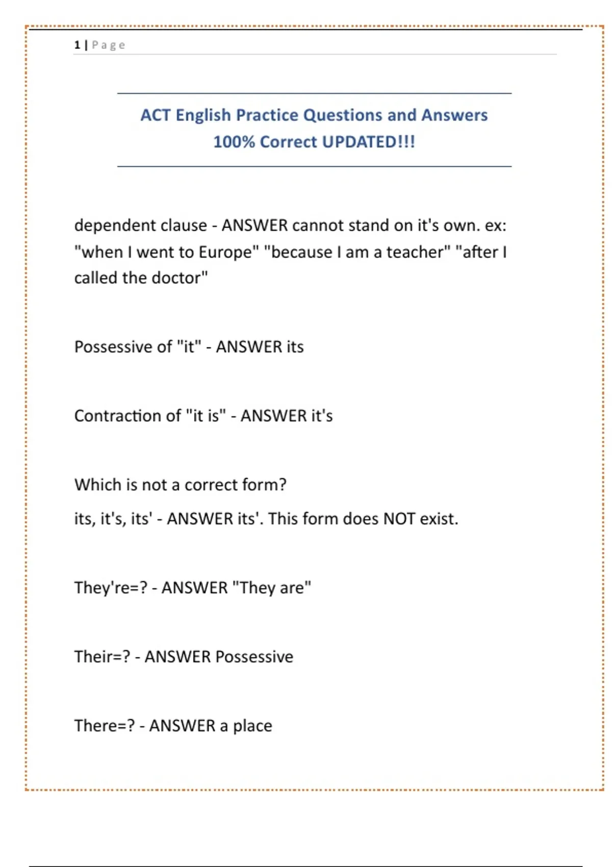 ACT English Practice Questions and Answers 100% Correct UPDATED ...