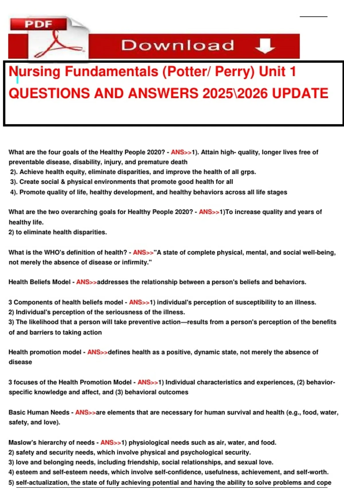 Nursing Fundamentals (Potter/ Perry) Unit 1 QUESTIONS AND ANSWERS ...