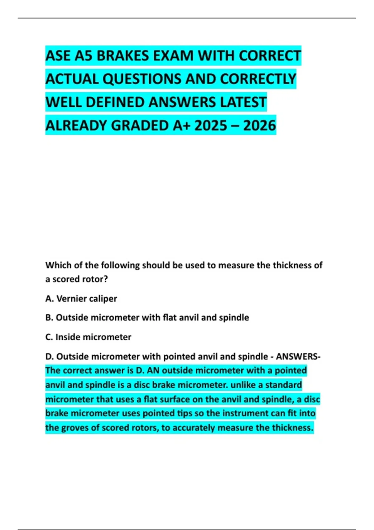 ASE A5 BRAKES EXAM WITH CORRECT ACTUAL QUESTIONS AND CORRECTLY WELL ...