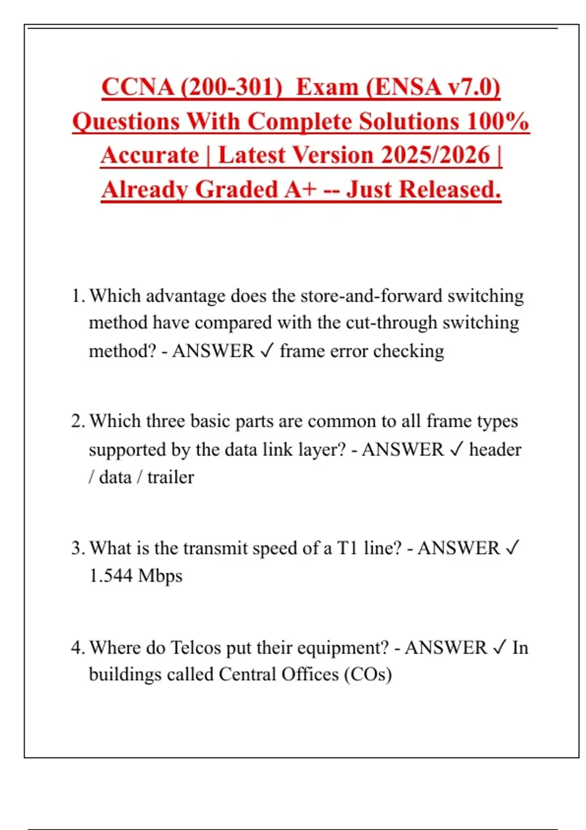 CCNA (200-301) Exam (ENSA v7.0) Questions With Complete Solutions 100% ...