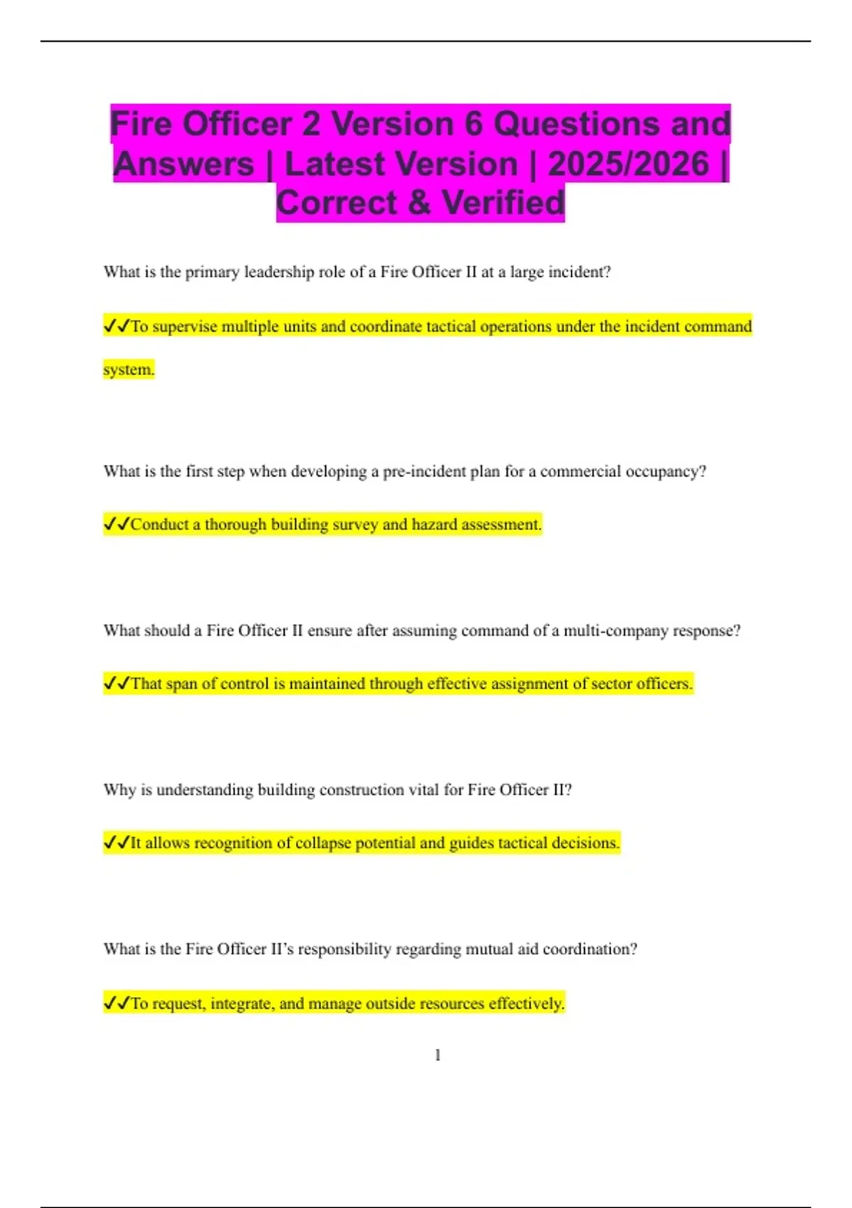 Fire Officer 2 Version 6 Questions and Answers | Latest Version | 2025/ ...