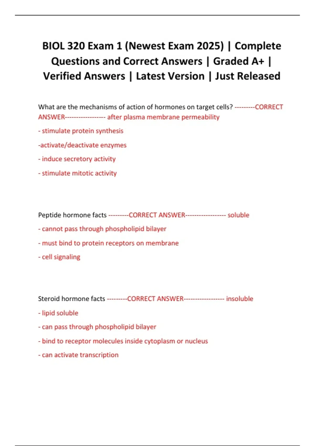 BIOL 320 Exam 1 (Newest Exam 2025) | Complete Questions and Correct ...