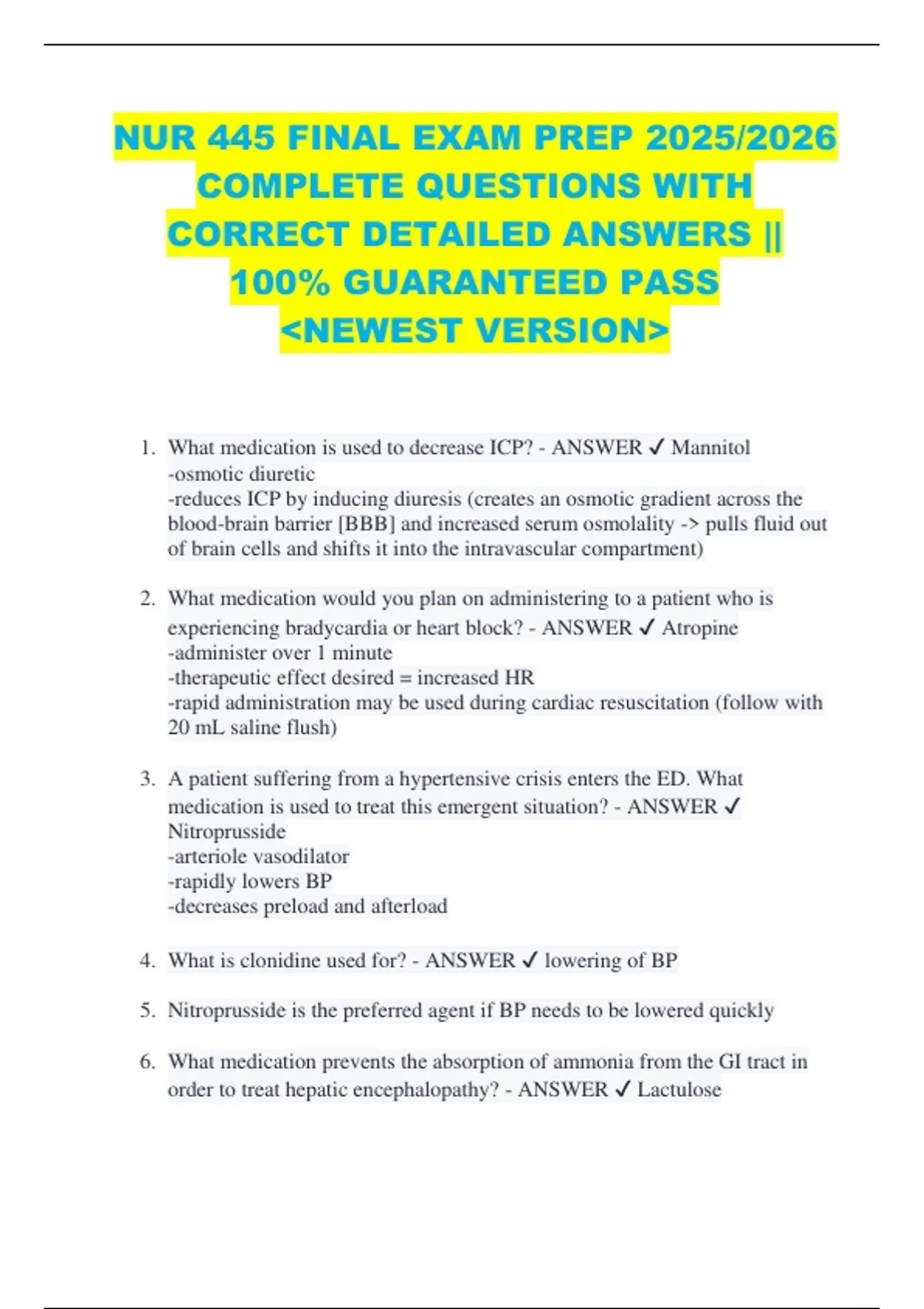 NUR 445 FINAL EXAM PREP 2025/2026 COMPLETE QUESTIONS WITH CORRECT ...