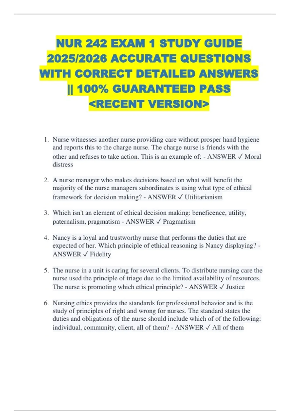 NUR 242 EXAM 1 STUDY GUIDE 2025/2026 ACCURATE QUESTIONS WITH CORRECT ...
